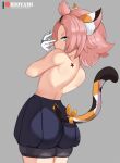  animal_humanoid butt calico_cat_humanoid cat_humanoid clothed clothing diona_(genshin_impact) felid felid_humanoid feline feline_humanoid female genshin_impact green_eyes hair hi_res hioyami_(artist) humanoid jojo's_bizarre_adventure looking_at_viewer looking_back mammal mammal_humanoid mihoyo pink_hair solo text topless url young 