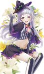  1girl :d bangs black_gloves blunt_bangs breasts flower gloves hairband hat hololive long_hair looking_at_viewer midriff murasaki_shion navel open_mouth purple_hair skirt smile solo striped striped_legwear teeth thighhighs tobade_(tbdfactory) vertical-striped_legwear vertical_stripes virtual_youtuber witch_hat yellow_eyes 
