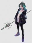  1boy ahoge alternate_costume aqua_hair black_jacket black_pants casual closed_mouth facial_mark forehead_mark genshin_impact gradient_hair green_hair grey_background hand_in_pocket holding holding_weapon jacket long_sleeves male_focus multicolored_hair pants polearm purple_footwear shirt shoes simple_background skk sneakers solo spear standing weapon white_shirt xiao_(genshin_impact) yellow_eyes 