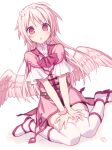  1girl :o bangs boots dress dutch_angle eyebrows_visible_through_hair feathered_wings flower hair_flower hair_ornament hijiri_(resetter) long_hair looking_at_viewer low_wings original parted_lips petals pink_dress pink_hair pink_wings red_eyes short_sleeves sitting solo thighhighs very_long_hair wariza white_background white_flower white_footwear white_legwear wings 