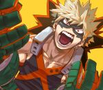  1boy 4o080_yotabnc bakugou_katsuki black_mask blonde_hair boku_no_hero_academia commentary_request gauntlets highres male_focus mask muscular muscular_male open_mouth red_eyes solo spiked_hair teeth yellow_background 