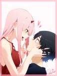 1boy 1girl absurdres aqua_eyes black_hair blue_eyes blue_nails blue_shirt border breasts couple darling_in_the_franxx dress eye_contact from_side hand_in_another&#039;s_hair hetero highres hiro_(darling_in_the_franxx) index_finger_raised long_hair looking_at_another medium_breasts multicolored multicolored_nails nail_polish nakoya_(nane_cat) open_mouth pink_border pink_hair red_dress red_nails shiny shiny_hair shirt signature simple_background sleeveless sleeveless_dress spaghetti_strap tongue tongue_out twitter_username white_background zero_two_(darling_in_the_franxx) 