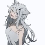  1girl akahito_(akaironotanin) alternate_costume animal_ears arknights breasts camisole casual cleavage collarbone commentary hair_between_eyes hair_ornament hairclip highres lappland_(arknights) long_hair looking_at_viewer medium_breasts open_mouth scar scar_across_eye sharp_teeth silver_eyes silver_hair simple_background sleeveless smile solo spaghetti_strap strap_slip teeth upper_body white_background white_camisole wolf_ears 
