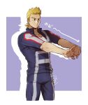  1boy :o blonde_hair blue_eyes boku_no_hero_academia cropped_legs highres jacket mahoubin_(totemo_hot_dayo) male_focus own_hands_together pants pectorals short_hair short_sleeves sideburns solo spiked_hair stretch togata_mirio toned toned_male track_jacket track_pants 