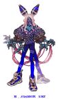  blue_eyes blue_pants blue_skin cleavage_cutout clothing_cutout colored_skin extra_legs hair_between_eyes heart_cutout highres horns long_hair looking_at_viewer monster original pants pigeon666 pink_hair seven_deadly_sins simple_background solo third_eye white_background 