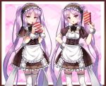  1girl alternate_costume bangs black_dress blush box breasts dress enmaided euryale_(fate) fate/hollow_ataraxia fate_(series) frilled_hairband frills gift gift_box hairband kasaran long_hair looking_at_viewer maid open_mouth purple_eyes purple_hair siblings sisters small_breasts smile stheno_(fate) thighhighs thighs twins twintails very_long_hair 