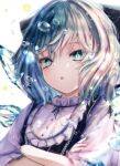  1girl :o absurdres adapted_costume bangs blue_bow blue_dress blue_eyes blue_hair blue_neckwear blue_ribbon blurry bow center_frills cirno commentary_request crossed_arms depth_of_field dress droplets eyebrows_behind_hair frills funiyon glint hair_bow hair_intakes highres ice ice_wings lens_flare light_blush looking_at_viewer puffy_short_sleeves puffy_sleeves ribbon short_hair short_sleeves simple_background solo sparkle star_(symbol) touhou upper_body white_background wings 