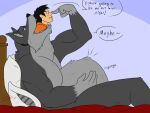  2016 4:3 4_fingers abdominal_bulge anthro anthro_pred bed bed_sheet bedding belly biceps big_belly blush bodily_fluids canid canine canis digestion digestion_noises digital_media_(artwork) drooling duo fangs feet_first fingers fur furniture grey_body grey_eyes grey_fur human human_prey inside iragremka lying male male_pred male_prey mammal motion_lines movler musclegut muscular muscular_anthro muscular_male neck_bulge nervous nude on_back on_bed onomatopoeia open_mouth open_smile oral_vore overweight overweight_anthro overweight_male pillow rumbling_stomach saliva scared sharp_teeth side_view signature size_difference smile soft_vore sound_effects speech_bubble swallowing teasing teeth text thick_thighs vore watermark wolf 