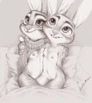  4_fingers absurd_res anthro arms_around_shoulders bottomless breast_squish breasts buckteeth claws clothed clothing disney duo erect_nipples eyewear female finger_claws fingers fuchs glasses hand_on_shoulder hi_res hug judy_hopps lagomorph leporid mammal monochrome nipples nude partially_clothed rabbit side_hug sitting sketch small_breasts smile squish sweater sweater_lift sweater_only teeth topwear topwear_only traditional_media_(artwork) violet_hopps zootopia 