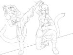  2021 4:3 anthro black_and_white blocking clothed clothing digital_media_(artwork) domestic_cat duo felid feline felis female fight fish fur hair kick mammal marine monochrome prismanoodle_(artist) shark simple_background teeth white_background 