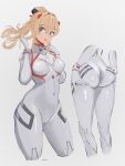  1girl absurdres ass_support blue_eyes bodysuit breasts cameltoe cosplay covered_navel cropped_legs english_commentary evangelion:_3.0+1.0_thrice_upon_a_time genshin_impact hair_intakes highres interface_headset jean_gunnhildr_(genshin_impact) long_hair looking_at_viewer medium_breasts miraihikariart multiple_views neon_genesis_evangelion pilot_suit plugsuit ponytail rebuild_of_evangelion shikinami_asuka_langley shikinami_asuka_langley_(cosplay) skin_tight solo souryuu_asuka_langley white_bodysuit 