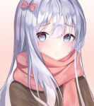  1girl absurdres bangs blue_eyes blush bow closed_mouth eromanga_sensei eyebrows_visible_through_hair gradient gradient_background hair_between_eyes hair_bow highres izumi_sagiri long_hair looking_at_viewer pink_background pink_bow pink_scarf ram_art12 scarf shiny shiny_hair silver_hair solo upper_body 