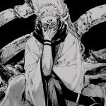  1boy arm_up black_nails crossed_legs flip-flops greyscale hand_on_own_face hidden_mouth horns japanese_clothes jujutsu_kaisen kagami_ei kimono looking_at_viewer male_focus monochrome robe ryoumen_sukuna_(jujutsu_kaisen) sandals sitting skeleton skull spiked_hair tattoo 