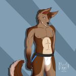  1:1 2021 anthro brown_body brown_fur bulge canid canine canis claws clothing colored digital_drawing_(artwork) digital_media_(artwork) digital_painting_(artwork) fur hair looking_at_viewer male malekart mammal muscular muscular_anthro muscular_male nipples one_eye_closed short_hair signature simple_background smile solo underwear wolf ych_result 