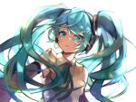  1girl blue_eyes blue_hair blue_ribbon collared_shirt detached_sleeves floating_hair grey_sleeves hair_ornament hatsune_miku headphones kyashii_(a3yu9mi) long_hair long_sleeves looking_at_viewer neck_ribbon open_mouth ribbon shiny shiny_hair shirt simple_background sleeveless sleeveless_shirt solo upper_body very_long_hair vocaloid white_background white_shirt wing_collar 