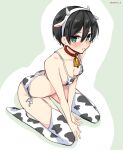  1girl animal_ears animal_print asazuki_norito bell bikini black_hair blush breasts chinese_zodiac cleavage collar commentary_request cow_ears cow_horns cow_print cowbell fake_animal_ears fake_horns full_body green_eyes hair_between_eyes hairband horns neck_bell original pout short_hair side-tie_bikini sitting small_breasts solo swimsuit thighhighs twitter_username wariza year_of_the_ox 