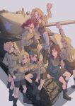  alisa_(girls_und_panzer) arm_between_legs blonde_hair boots brown_hair caterpillar_tracks character_name character_request cutoffs denim denim_shorts girls_und_panzer ground_vehicle kay_(girls_und_panzer) long_hair m4_sherman military military_vehicle mituki_(mitukiiro) motor_vehicle multiple_girls naomi_(girls_und_panzer) one_eye_closed pencil_skirt saunders_military_uniform shirt_lift short_hair short_twintails shorts skirt smile tank tank_helmet thighhighs thighs twintails white_background 