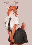  2020 anthro antlers bebebebebe bottomwear cervid clothed clothing eyewear female fully_clothed glasses hi_res horn looking_at_viewer mammal necktie open_mouth reindeer-chan_(bebebebebe) shirt simple_background skirt smile solo standing topwear 