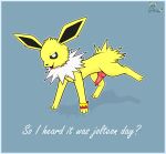  animal_genitalia animal_penis canid canine canine_penis canis clothing eeveelution erection feral fur gau_(artist) genitals hi_res jolteon looking_at_viewer male mammal naga_(jolteon) nintendo open_mouth penis pok&eacute;mon pok&eacute;mon_(species) presenting simple_background solo text video_games yellow_body yellow_fur 