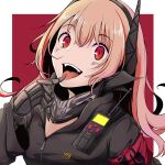  1girl absurdres armband blonde_hair border character_name fan finger_to_tongue girls_frontline hair_ornament headgear highres long_hair looking_at_viewer m4_sopmod_ii_(girls_frontline) mechanical_arms multicolored_hair noredji prosthesis prosthetic_arm red_background red_eyes red_hair single_mechanical_arm smile solo streaked_hair upper_body walkie-talkie white_border 
