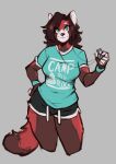  ailurid anthro blue_eyes blush breasts brown_hair clothed clothing english_text female fur hair hi_res mammal multicolored_body multicolored_fur red_body red_fur red_panda shirt simple_background smile solo text text_on_clothing text_on_shirt text_on_topwear the_dogsmith topwear white_body white_fur 