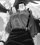  2boys black_pants boku_no_hero_academia bursting_pecs facial_hair feathered_wings flying from_below greyscale hawks_(boku_no_hero_academia) large_pectorals looking_at_viewer male_focus mature_male monochrome multiple_boys muscular muscular_male necktie pants pectorals popo_take scar scar_across_eye short_hair sideburns sleeves_rolled_up spiked_hair striped striped_pants stubble suspenders todoroki_enji veins vest wings 