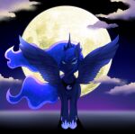  2019 blue_eyes cloud equid equine feathered_wings feathers female feral friendship_is_magic full_moon hair horn lemoco long_hair looking_at_viewer mammal moon my_little_pony night princess_luna_(mlp) purple_hair solo winged_unicorn wings 