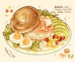  bagel bunny cheese cream egg fish food food_focus fork fruit garnish hardboiled_egg highres knife lettuce meat nao_(bestrollever) no_humans original plate salmon simple_background still_life tomato utensil vegetable white_background 