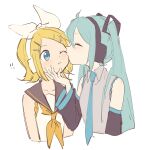  !! 2girls aqua_eyes aqua_hair aqua_neckwear bangs bare_shoulders black_collar black_sleeves blonde_hair blue_eyes bow cheek_kiss closed_eyes collar cropped_torso detached_sleeves grey_shirt hair_bow hair_ornament hairclip hand_on_another&#039;s_chin hand_up hatsune_miku headphones highres kagamine_rin kiss light_blush long_hair looking_at_another m0ti multiple_girls neckerchief necktie one_eye_closed sailor_collar school_uniform shirt sketch sleeveless sleeveless_shirt smile swept_bangs twintails upper_body very_long_hair vocaloid white_background white_bow white_shirt yellow_neckwear yuri 