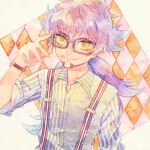 1boy alternate_costume bangs bespectacled buttons closed_mouth collared_shirt facial_hair glasses hand_up leon_(pokemon) long_hair male_focus pokemon pokemon_(game) pokemon_swsh purple_hair rrrpct shiny shiny_hair shirt sleeves_rolled_up smile solo suspenders symbol_commentary traditional_media watch watercolor_(medium) wristwatch yellow_eyes 