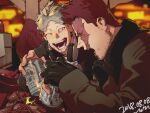  2boys beer_can black_gloves blonde_hair blue_eyes boku_no_hero_academia can coat couple drunk facial_hair feathered_wings fingerless_gloves fukurau gloves hawks_(boku_no_hero_academia) headphones highres male_focus mature_male multiple_boys red_hair scar scar_across_eye short_hair sideburns smile spiked_hair stubble todoroki_enji upper_body wings winter_clothes 