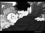  2boys blush boku_no_hero_academia couple facial_hair feathered_wings greyscale hawks_(boku_no_hero_academia) kiss looking_at_another lying male_focus mature_male monochrome multiple_boys muscular muscular_male neck_kiss on_bed on_stomach popo_take scar scar_across_eye short_hair sideburns smile spiked_hair stubble todoroki_enji wings yaoi 