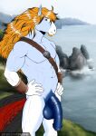  2021 abs anthro balls beard day detailed_background digital_media_(artwork) equid equine facial_hair flaccid genitals hi_res horse male mammal muscular muscular_anthro muscular_male navel outside penis red_eyes seaside sky solo tanutanuki vein water 