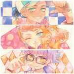 1girl 2boys baseball_cap bespectacled blush clenched_teeth closed_mouth ear_piercing earrings eyelashes facial_hair glasses green_eyes grin hair_ornament hand_up hat index_finger_raised jewelry leon_(pokemon) long_hair multiple_boys one_eye_closed orange_hair piercing pokemon pokemon_(game) pokemon_swsh purple_hair raihan_(pokemon) rrrpct smile sonia_(pokemon) star_(symbol) star_hair_ornament symbol_commentary teeth traditional_media undercut watch watercolor_(medium) wristwatch 