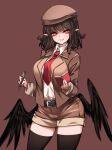  1girl bangs belt belt_buckle beret black_hair black_legwear black_wings blazer breasts bright_pupils brown_headwear brown_jacket brown_shorts buckle collared_shirt commentary cowboy_shot eyebrows_visible_through_hair feathered_wings hat highres holding holding_notebook holding_pen jacket large_breasts long_sleeves looking_at_viewer medium_hair necktie notebook open_clothes open_jacket pen pointy_ears raptor7 red_background red_eyes red_neckwear shameimaru_aya shirt shorts smile solo standing thighhighs touhou wavy_hair white_pupils white_shirt wing_collar wings zettai_ryouiki 