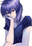  1girl bangs black_shirt expressionless ghost_in_the_shell hair_between_eyes hands head_rest highres kaijin-m kusanagi_motoko looking_at_viewer parted_lips purple_hair red_eyes shirt short_hair short_sleeves solo t-shirt upper_body white_background 