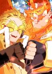  2boys absurdres beard black_gloves blonde_hair boku_no_hero_academia chanko_122 couple facial_hair feathered_wings fingerless_gloves fire gloves goatee hawks_(boku_no_hero_academia) highres large_pectorals male_focus mature_male multiple_boys muscular muscular_male scar scar_across_eye short_hair sideburns smile sparkle spiked_hair stubble thumbs_down todoroki_enji upper_body wings yaoi 