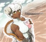  1girl biceps breasts character_name cup curled_horns dark_skin dark_skinned_female disposable_cup drinking drinking_straw fingernails goat_horns green_eyes highres horns jacket landscape looking_at_viewer medium_breasts muscular muscular_female off_shoulder original pinky_out primrose_mary ribbed_sweater short_hair skinnytorch sleeveless sleeveless_turtleneck solo sweater turtleneck turtleneck_sweater white_hair white_jacket white_sweater 