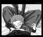  2boys between_legs black_shirt blush boku_no_hero_academia book casual couple feathered_wings greyscale hand_under_clothes hawks_(boku_no_hero_academia) head_between_thighs holding holding_book lifted_by_another male_focus monochrome multiple_boys muscular muscular_male navel_hair popo_take shirt shirt_lift short_hair solo_focus spread_legs thighs tight tight_shirt todoroki_enji wings yaoi 