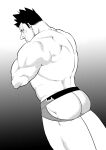  1boy ass ass_cutout ass_focus back bara boku_no_hero_academia clothing_cutout dutch_angle facial_hair greyscale highres jockstrap large_pectorals male_focus male_underwear mature_male monochrome muscular muscular_male pain-lucky777 scar scar_across_eye short_hair sideburns solo spiked_hair stubble todoroki_enji underwear underwear_only 