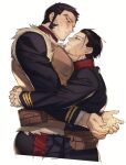  2boys arm_hair ass bara beard black_hair blue_jacket blue_pants blush brown_eyes buzz_cut collared_jacket cropped_legs facial_hair golden_kamuy hair_strand hairy head_on_chest highres hug imperial_japanese_army jacket koooogasya large_pectorals long_sideburns long_sleeves male_focus military military_uniform multiple_boys ogata_hyakunosuke own_hands_together pants short_hair sideburns simple_background stubble tanigaki_genjirou thick_eyebrows tight tight_pants toned toned_male uniform very_short_hair yaoi 