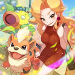  1girl bangs beauty_(pokemon) blonde_hair blurry blurry_background blush breasts brown_bag brown_dress closed_mouth commentary_request day dress earrings eyelashes gen_1_pokemon growlithe holding_strap jewelry leaves_in_wind lipstick long_hair makeup nail_polish outdoors pokemon pokemon_(creature) pokemon_(game) pokemon_lgpe sleeveless sleeveless_dress smile tom_(pixiv10026189) weepinbell yellow_eyes 