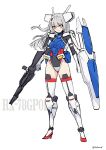 1girl artist_name boots breasts character_name clenched_hand eyebrows_visible_through_hair floating_hair full_body gloves grey_hair gun gundam gundam_0083 gundam_gp-01_zephyranthes high_heel_boots high_heels highres holding holding_gun holding_shield holding_weapon i.takashi leotard looking_to_the_side mecha_musume personification pink_eyes shield sketch small_breasts smirk solo standing thigh_boots thighhighs v-shaped_eyebrows weapon white_background white_gloves 