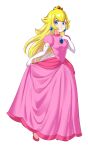  1girl :&lt; bangs blue_eyes crown dress dress_pull earrings eyebrows_visible_through_hair floating_hair full_body hair_behind_ear high_heels highres jewelry kanbutsu_himono_(artist) long_hair looking_down mario_(series) open_mouth pink_dress pink_footwear princess princess_peach procreate_(medium) solo white_background 