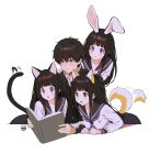  1boy 1girl :o animal_ears artist_logo bangs black_hair black_jacket black_sailor_collar blush book bunny_ears cat_ears cat_tail chitanda_eru clone closed_mouth collarbone collared_jacket dog_ears dog_tail excited eyebrows_visible_through_hair gakuran green_eyes hair_between_eyes hetero highres holding holding_another&#039;s_arm holding_book hyouka jacket kamiyama_high_school_uniform long_hair long_sleeves mery_(yangmalgage) open_book open_mouth oreki_houtarou purple_eyes reading sailor_collar school_uniform serafuku shirt short_hair simple_background skirt sweat tail upper_body white_background white_shirt 