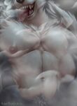  anthro biceps black_nose canid canine canis chest_fur close-up fangs fur grey_body grey_fur hi_res kapetoelo male mammal muscular muscular_anthro muscular_male navel nipples pecs pubes sauna tongue torso_shot white_body white_fur wolf 