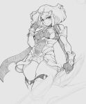  1girl aeyga bangs breasts covered_navel english_commentary eyebrows_visible_through_hair fingerless_gloves gloves graphite_(medium) greyscale hair_behind_ear hairband highres holding holding_sword holding_weapon leaning_back medium_breasts monochrome open_hand pyra_(xenoblade) short_hair sketch skindentation smile solo sword thick_thighs thighhighs thighs traditional_media weapon xenoblade_chronicles_(series) xenoblade_chronicles_2 