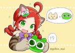  !? ahoge andou_ringo animal_costume animal_ears bangs blush_stickers bow bowtie cat cat_costume cat_ears drill_hair eyebrows_visible_through_hair fake_animal_ears green_eyes hair_ornament hairclip open_mouth parted_bangs purple_bow puyo_(puyopuyo) puyopuyo puyopuyo_quest red_hair smile sparkle speech_bubble striped takazaki_piko twin_drills twitter_username yellow_background 