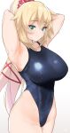  1girl akai_haato blonde_hair breasts c@rbon closed_mouth competition_swimsuit green_eyes highres hololive large_breasts long_hair looking_at_viewer one-piece_swimsuit ponytail smile solo swimsuit virtual_youtuber 