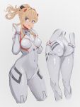  1girl absurdres ass_support blue_eyes bodysuit breasts cameltoe cosplay covered_navel cropped_legs english_commentary evangelion:_3.0+1.0_thrice_upon_a_time genshin_impact hair_intakes highres huge_filesize interface_headset jean_gunnhildr_(genshin_impact) long_hair looking_at_viewer medium_breasts miraihikariart multiple_views neon_genesis_evangelion pilot_suit plugsuit ponytail rebuild_of_evangelion shikinami_asuka_langley shikinami_asuka_langley_(cosplay) skin_tight solo souryuu_asuka_langley white_bodysuit 